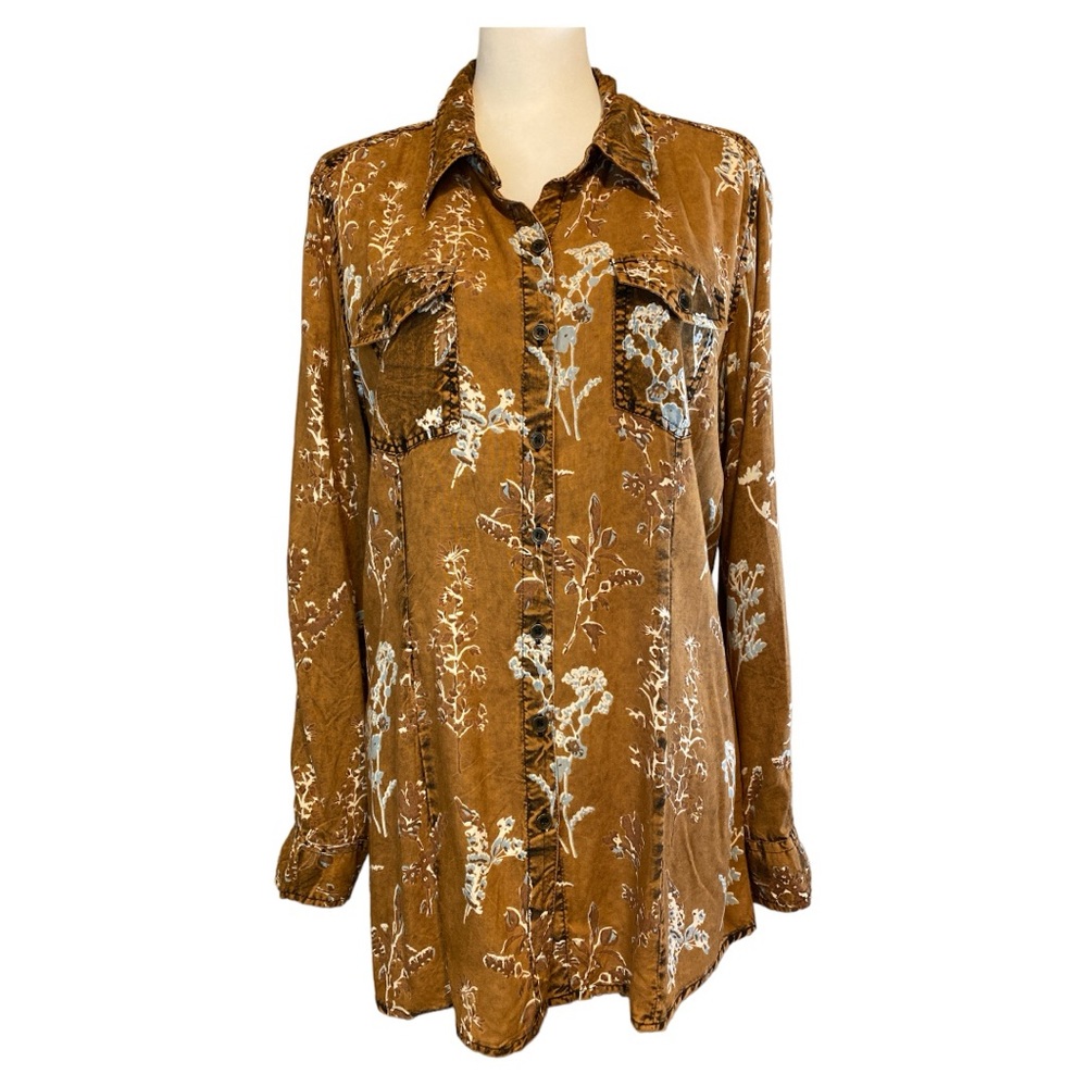 NWT Ronnie Salloway Floral Button Down Top Western Roll Tab Sleeves Size L